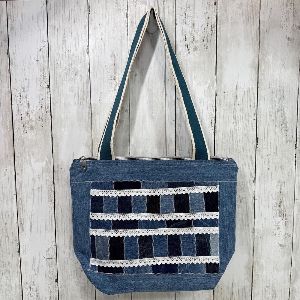 Denim Patchwork Zippered Blue Tote Bag